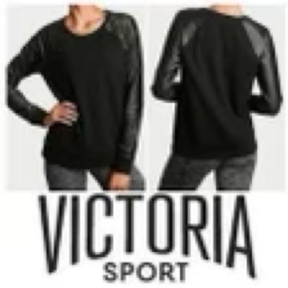 Victoria Sport Tops Victoria Sport Black Faux Leather Sleeve Crewneck Sweatshirt - Picture 4 of 4